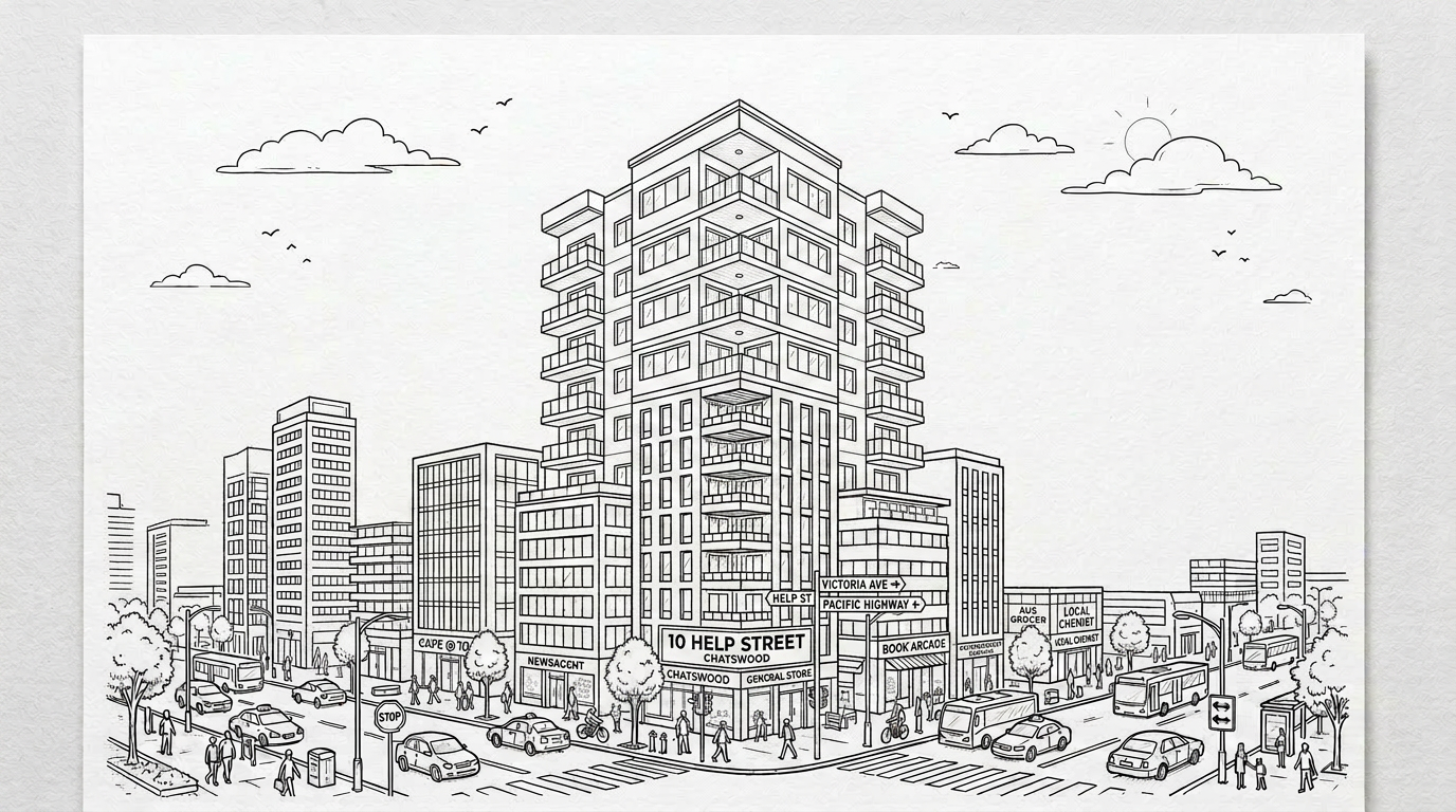 Line drawing of a lively city street with tall buildings, cars, buses, cyclists, and pedestrians